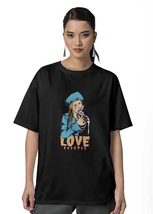 "LOVE DEFENSE" Graphic Printed WOMEN's DROP SHOULDER OVERSIZED TEEs