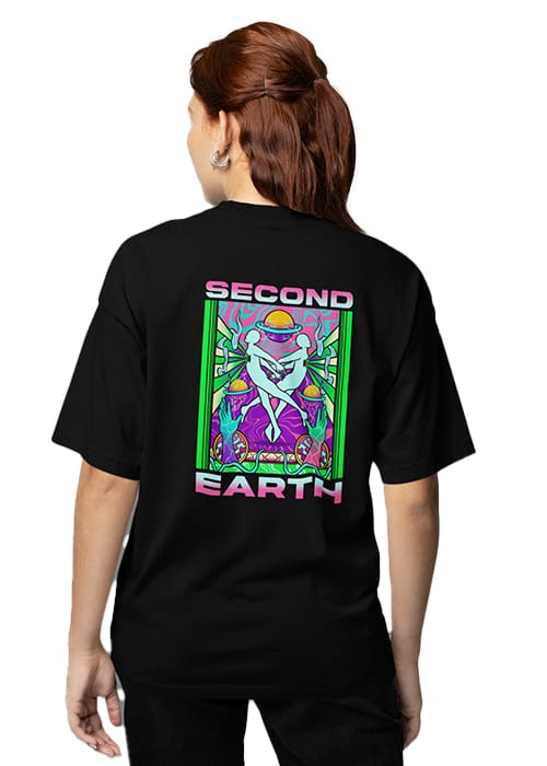 "SECOND EARTH" Graphic Printed WOMEN's DROP SHOULDER OVERSIZED TEEs - Image 3