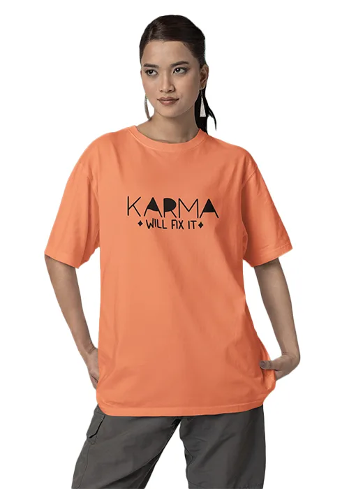 "KARMA WILL FIX IT" Graphic Printed WOMEN's DROP SHOULDER OVERSIZED TEEs - Image 4