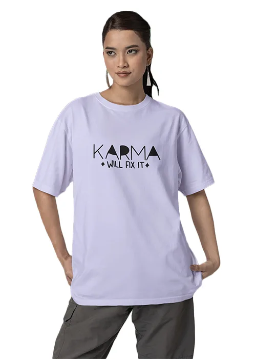 "KARMA WILL FIX IT" Graphic Printed WOMEN's DROP SHOULDER OVERSIZED TEEs - Image 5