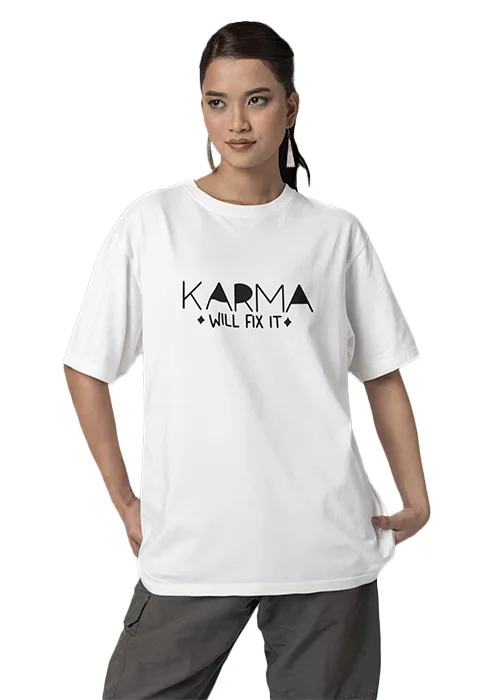 "KARMA WILL FIX IT" Graphic Printed WOMEN's DROP SHOULDER OVERSIZED TEEs - Image 6