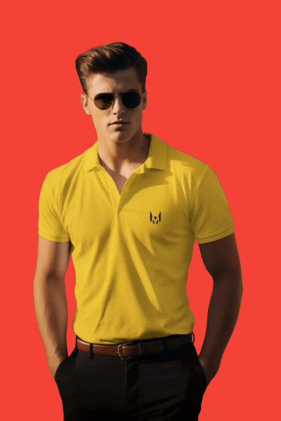 Man wearing MEN's POLO T-SHIRT (MUSTARD YELLOW)