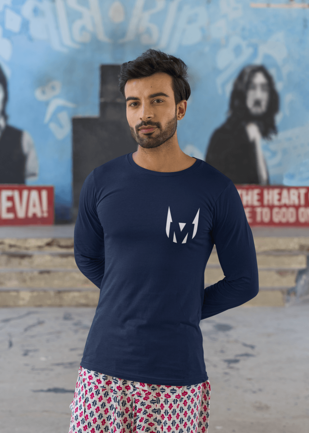 Man wearing UM ORIGINAL NAVY MEN's ROUND NECK FULL SLEEVE T-SHIRTS