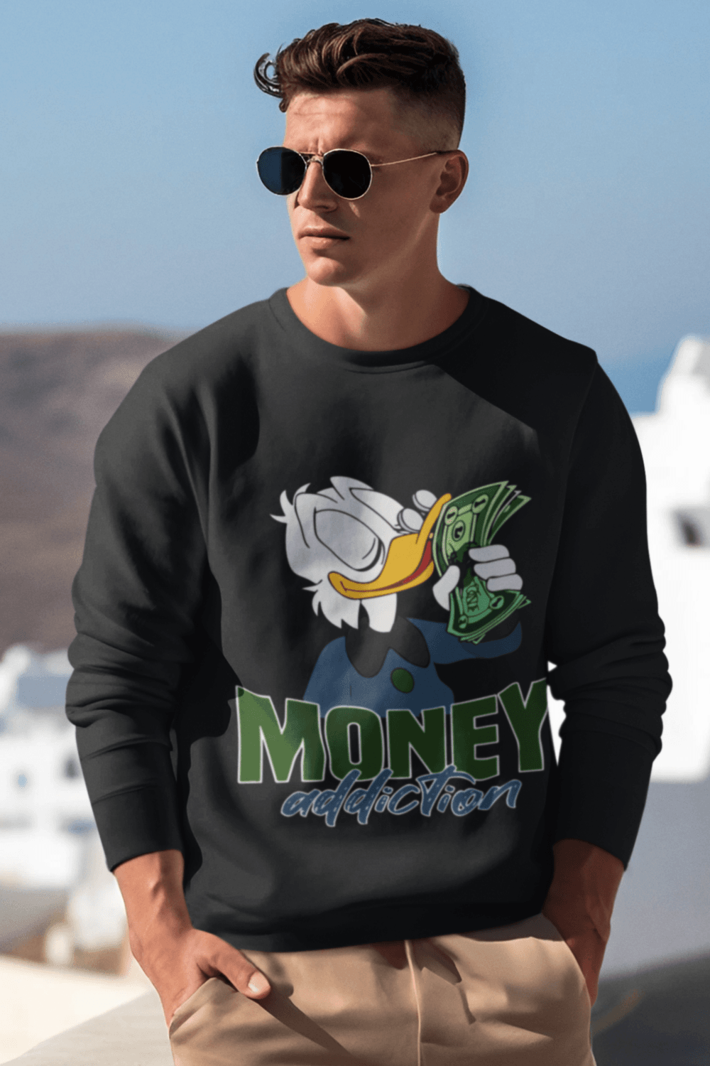 Man wearing MONEY ADDICTION MEN's SWEATSHIRT