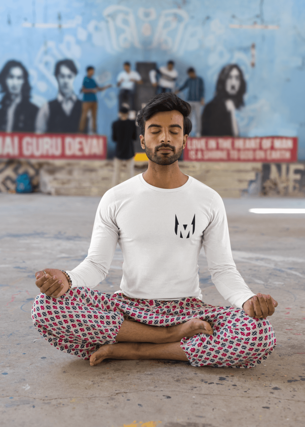 Man wearing UM ORIGINAL WHITE MEN's ROUND NECK FULL SLEEVE T-SHIRTS