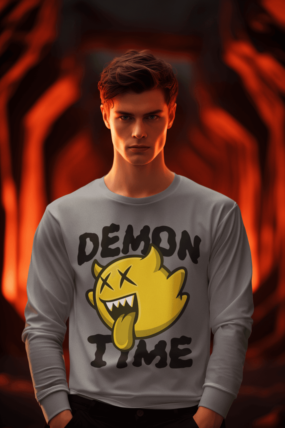 Man wearing DEMON TIME MEN's ROUND NECK FULL SLEEVE T-SHIRT